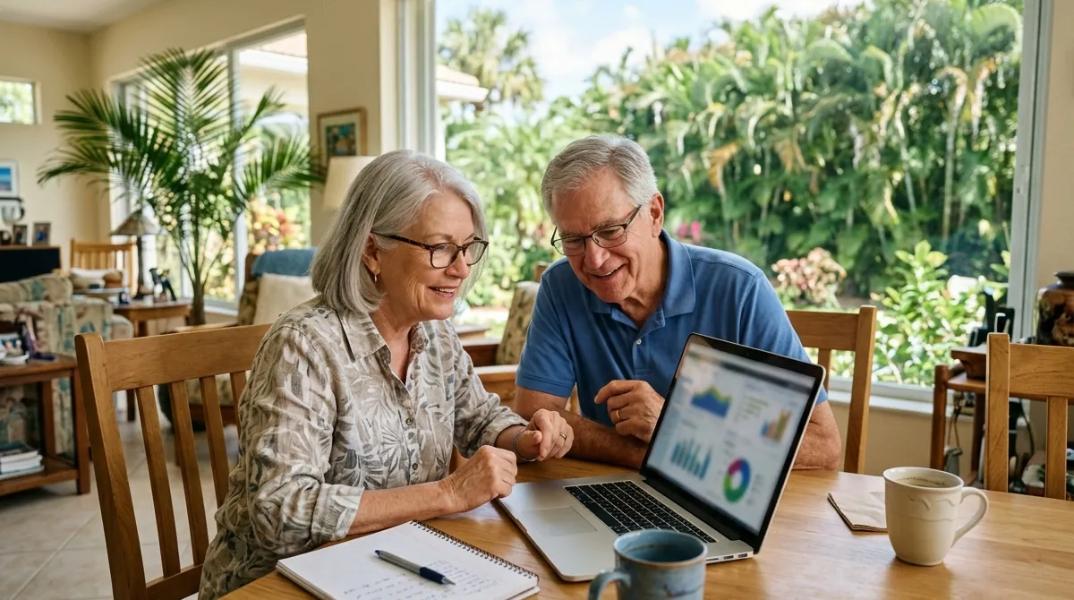 A retired Florida couple compares 2027 Medicare plan options on a laptop at their dining table, with a notebook and coffee.