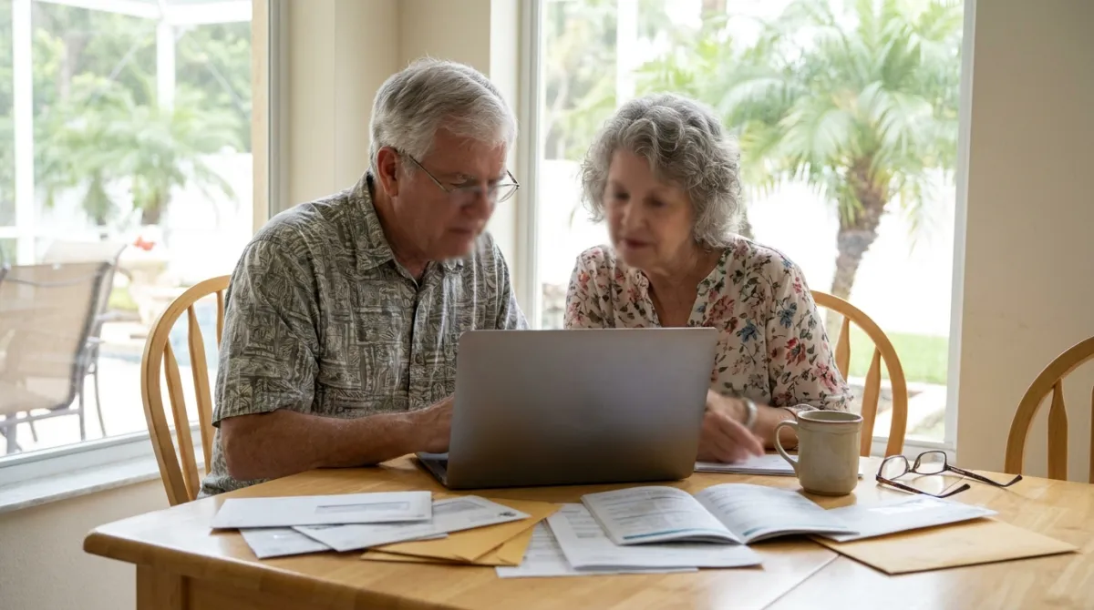 A retired Florida couple sits at their kitchen table with a laptop and a stack of Medicare mail, comparing plans together.