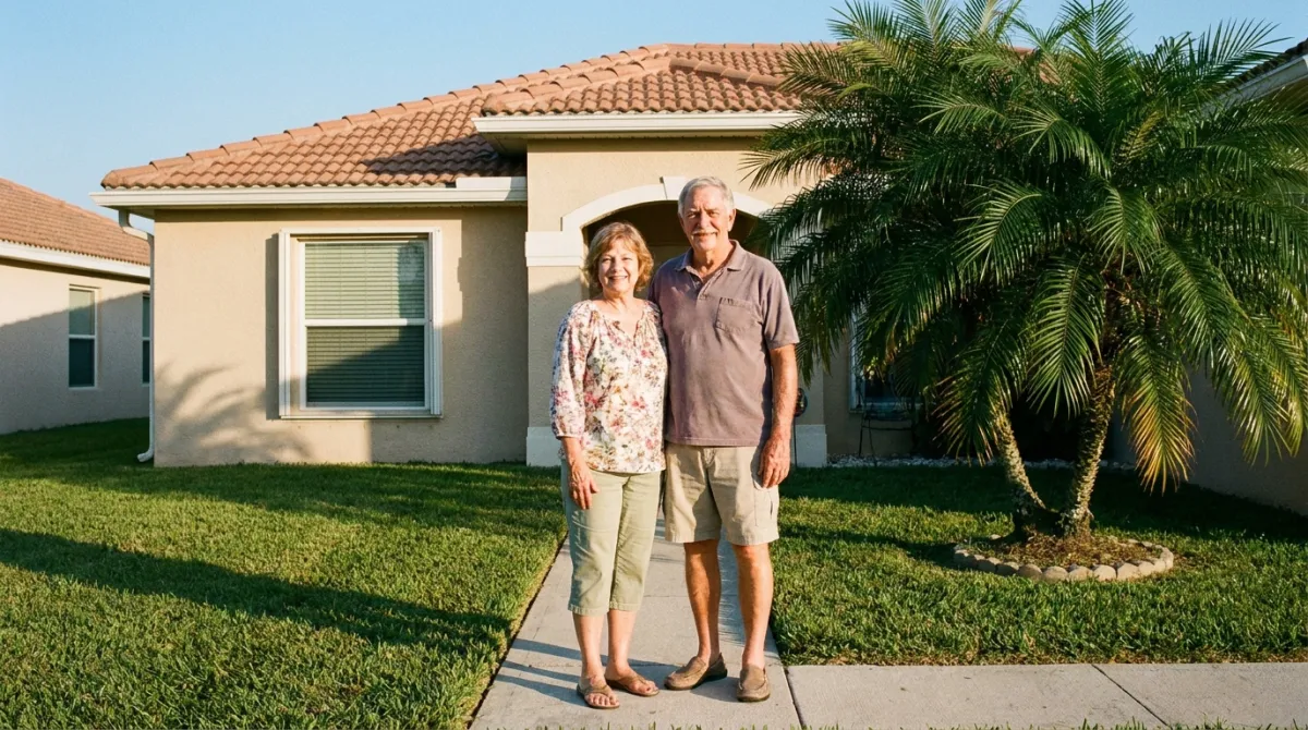 A retired couple stands together on the front walk of their single-story Florida home with a palm tree and green lawn.