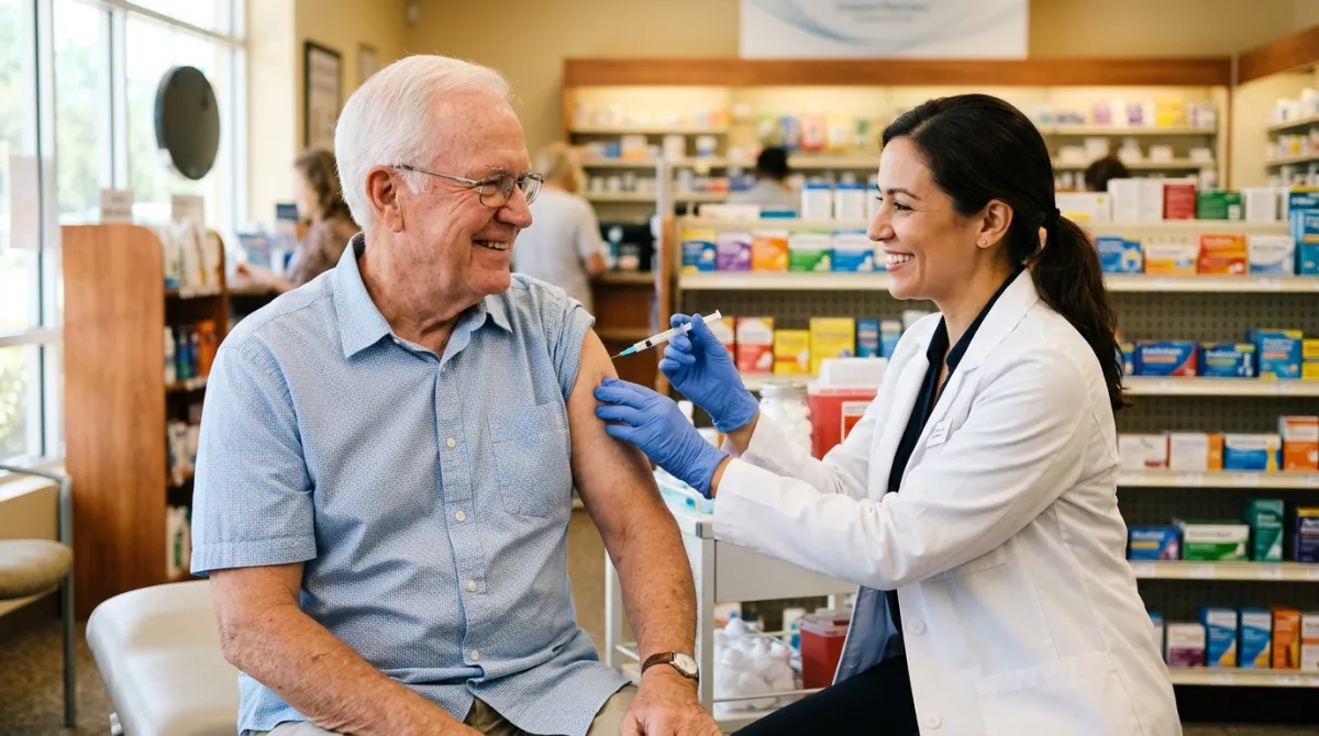 A smiling Florida senior man receives a flu shot from a pharmacist in a bright neighborhood pharmacy.