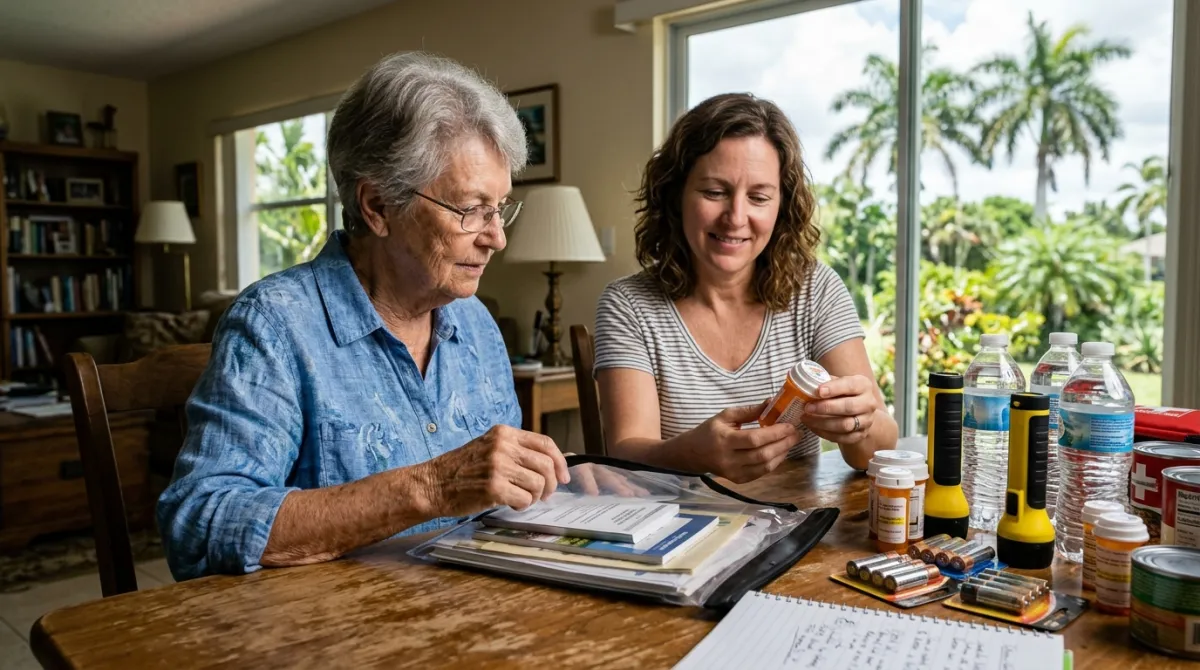 A Florida senior woman and her adult daughter check a hurricane supply kit with medicine, water, a flashlight and documents on a living room table.