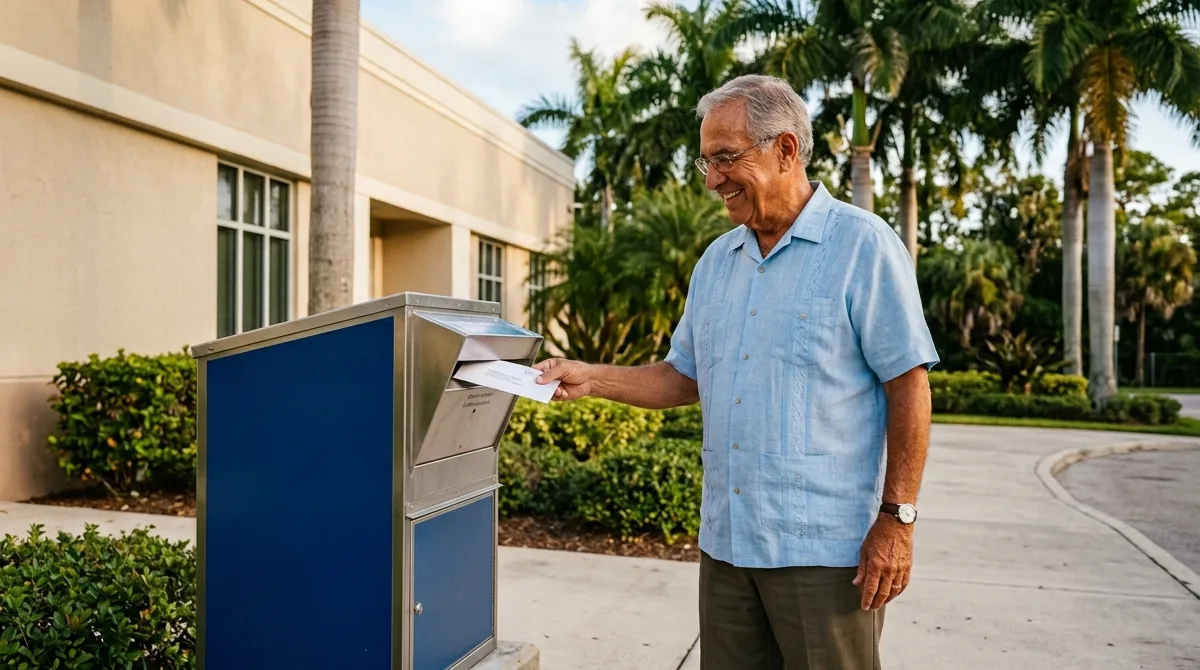 A cheerful older Florida man in a guayabera shirt places a sealed ballot envelope into a secure outdoor ballot drop box next to a county elections office.