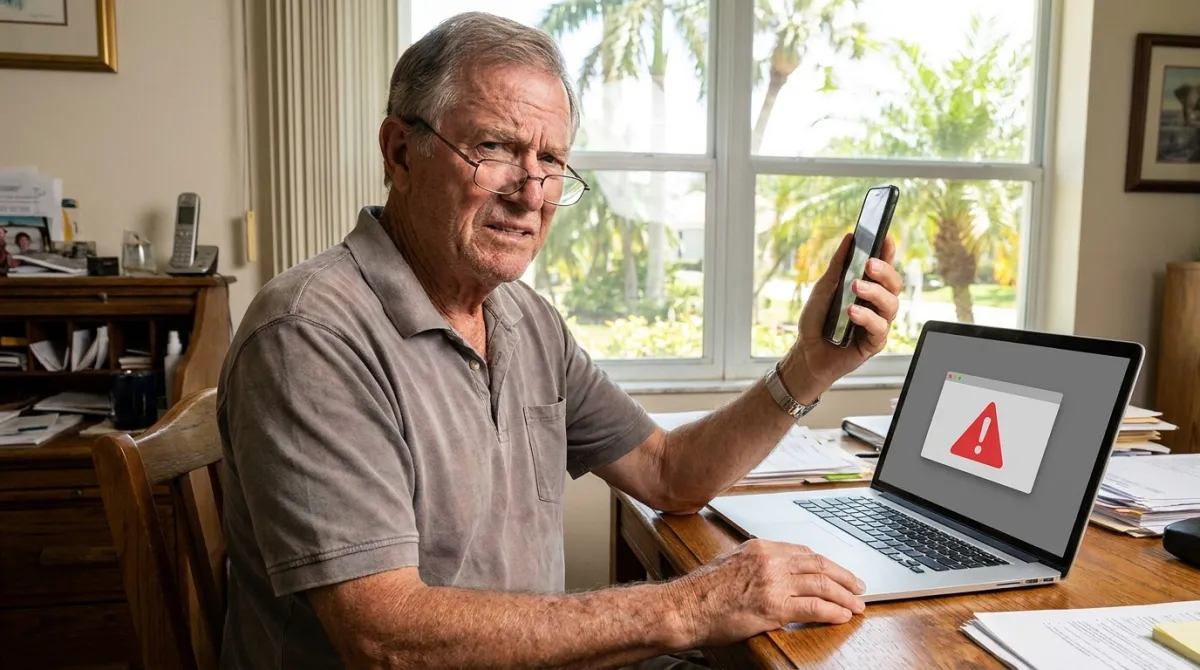 An older Florida man at his desk holds his phone and looks doubtful while his laptop shows a red warning pop-up.