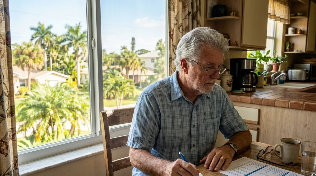 A Florida retiree sits at a kitchen table with a calculator and a Social Security statement, working out next year's budget.