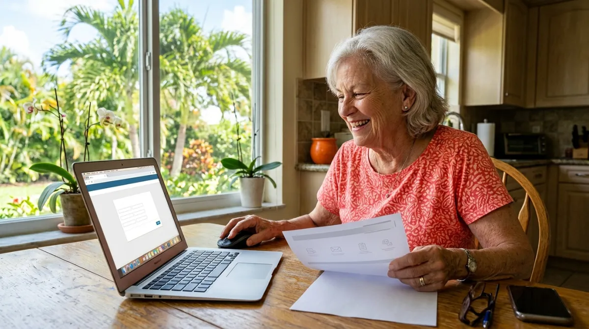 A Florida retiree sits at a sunny kitchen table with a laptop and a bank statement, setting up Social Security direct deposit.