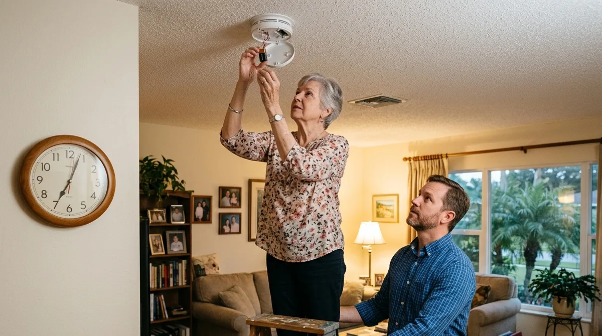 An older Florida woman on a small step stool changes the battery in a ceiling smoke alarm while her adult son steadies the stool.