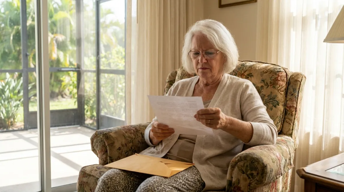 An older Florida woman sits in an armchair by a sunny screened porch, carefully reading a letter from her health plan.