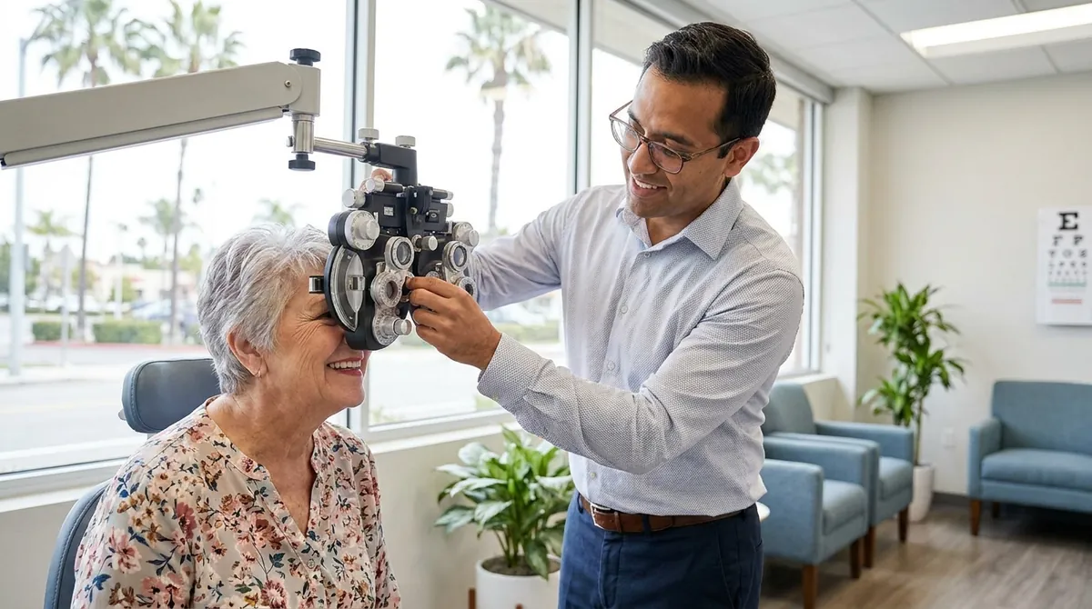 An older Florida woman smiles during an eye exam with an optometrist in a bright clinic.