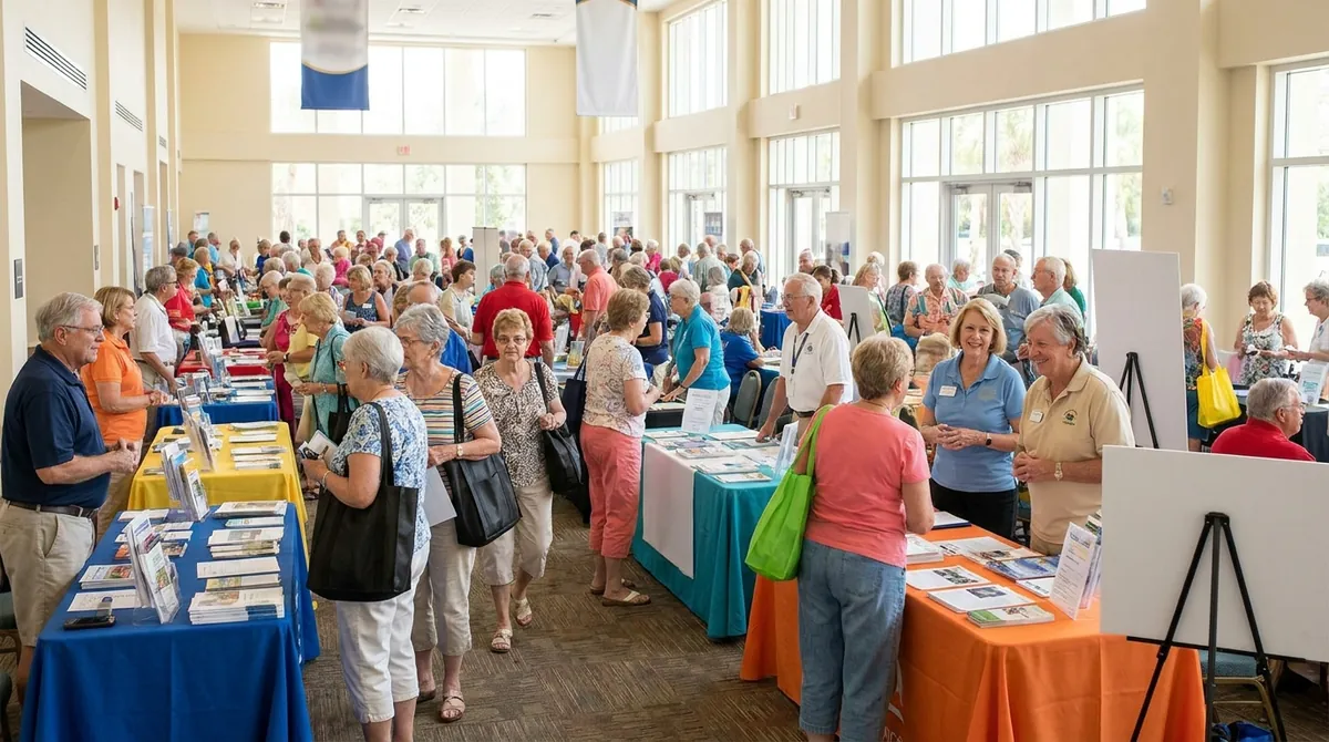 Older Florida adults browse exhibitor tables and talk with smiling volunteers at a bright senior expo.