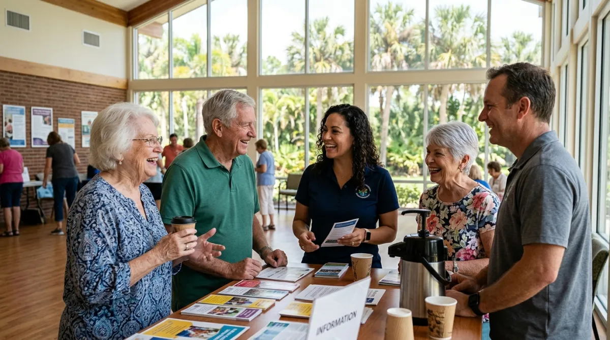 A group of smiling Florida seniors chat with volunteers at a community center event table with brochures and coffee.