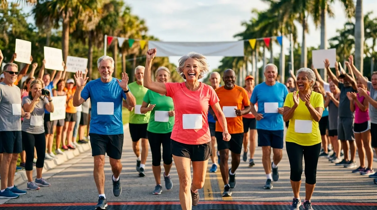 A group of smiling Florida seniors in bright athletic shirts finish a 5K road race on a palm-lined street while spectators cheer.