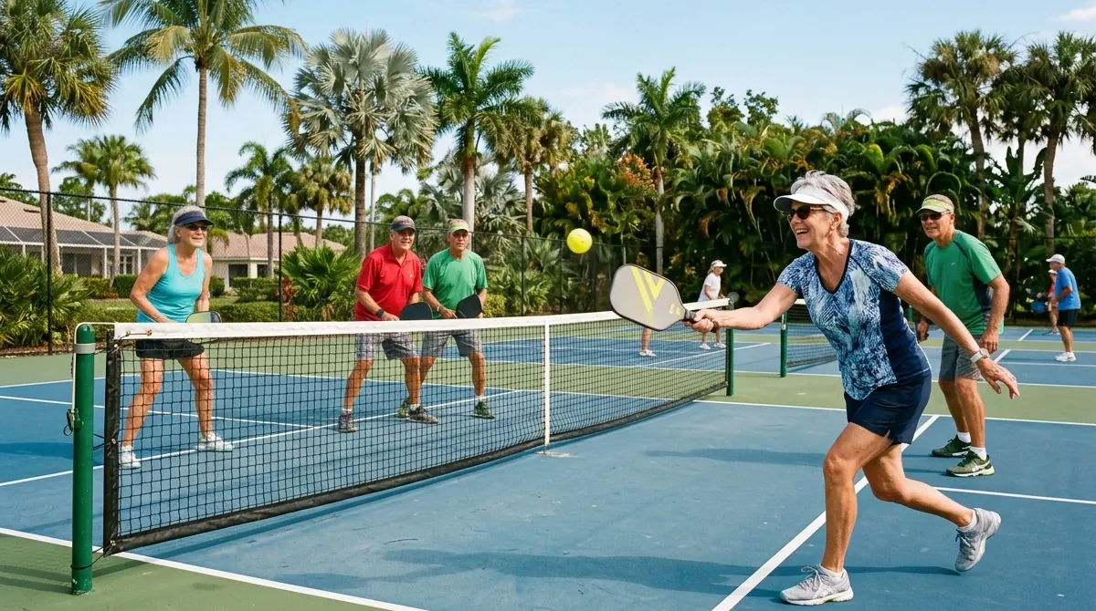 Smiling Florida seniors play pickleball on an outdoor court in the sunshine, with other players waiting to rotate in.