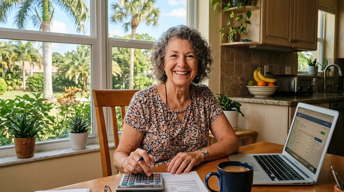 A smiling Florida retiree sits at a sunny kitchen table with a calculator, coffee and a Social Security letter while palm trees show through the window.