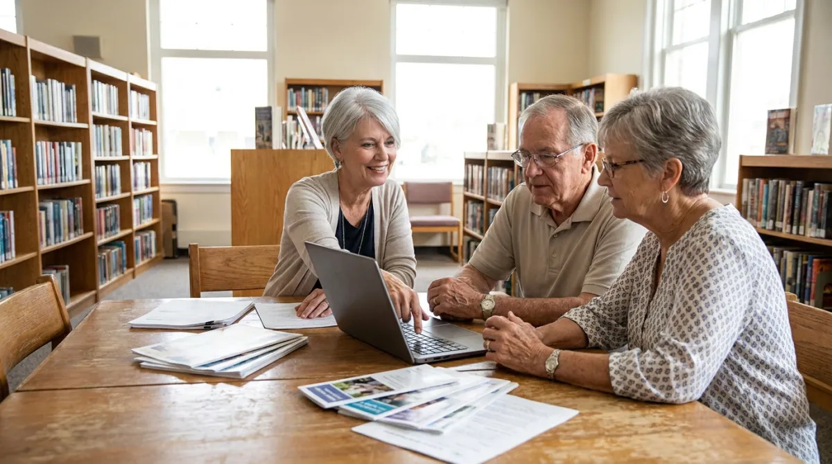 A smiling volunteer counselor helps an older Florida couple compare Medicare plans on a laptop at a library table.